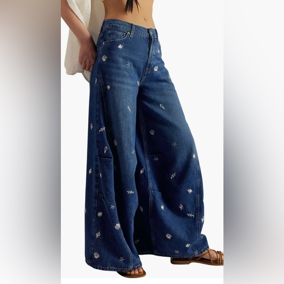 Free People We The Free Westward Embroidered Wide Barrel Leg Jeans - Picture 2 of 10